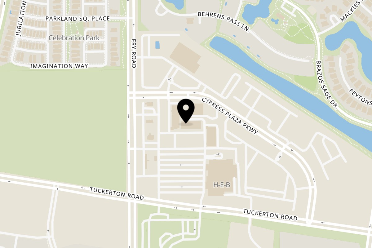 Map showing the location of Mak's Pub & Grill on 9818 Fry Rd #130 in Cypress